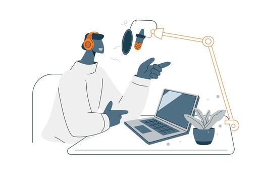 Male host talking into a microphone and wearing headphones, Recording in a home studio at home or work, Broadcasting live on a podcast channel and broadcasting on the internet or radio. . vector