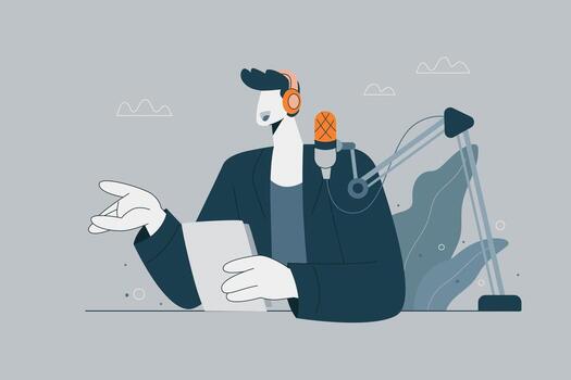A male podcast host speaking into a microphone while wearing headphones during a live broadcast. Concept of podcasting, content creation, and online media. Flat design illustration. vector