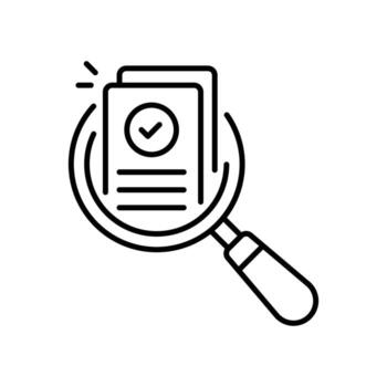 Review, assesment or audit icon. Simple outline style. Research, overview, report, case, data, glass, document, analysis, discovery, check concept. Thin line symbol. Isolated design vector