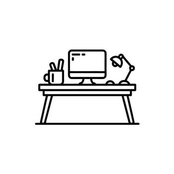 Minimalist Workspace Illustration Featuring Computer Monitor Desk Lamp and Stationery in a Cup vector