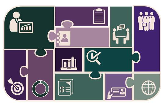 Presentation concept of a strategy in shape of a puzzle. Each piece has a unique icon, growth, finance, documents, teamwork, goal, global, collaboration. Ideal for corporate decks and marketing. vector