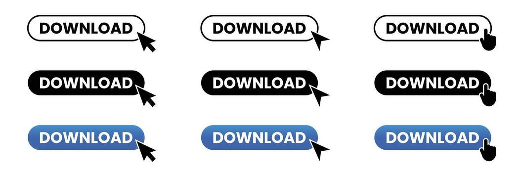 descargar botón icono. con puntero hacer clic acción. web botón recopilación. hacer clic símbolo icono. vector