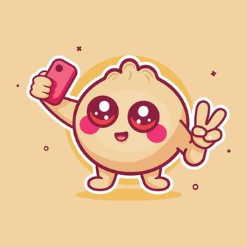 smiling dim sum food character mascot taking a selfie with a smartphone isolated cartoon vector