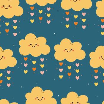 seamless pattern cartoon clouds character drawing with heart shower in blue background vector