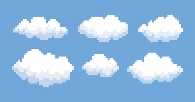 Pixel art of clouds. Retro 8 bit blue sky aerial cloud pixel art. Digital clouds pixel art icon set. Flying white computer clouds on blue sky. vector