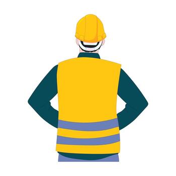Flat illustration of construction worker back view with yellow helmet and vest useful for industry engineering building labor teamwork safety design and development projects vector