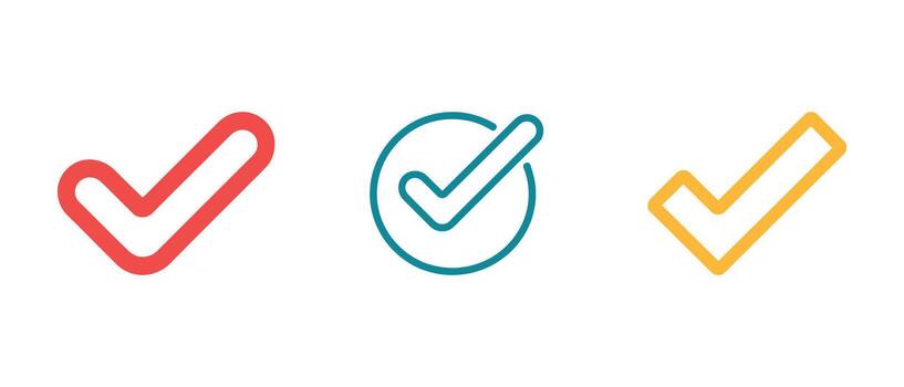 Three colorful check mark icon set with different styles on white background vector