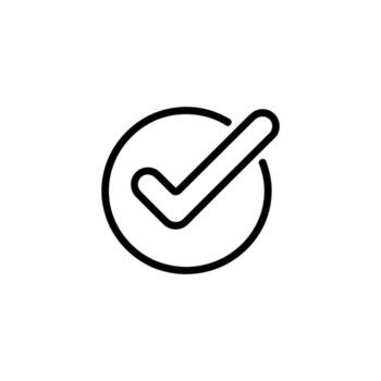 Black outline of a check mark inside a circle on white background design vector