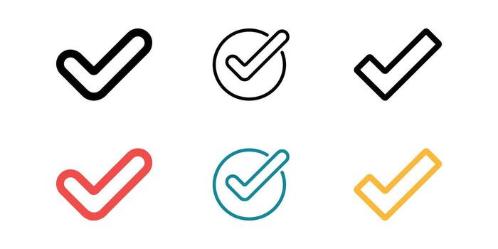 Collection of six check mark icons in various styles and colors on white background vector