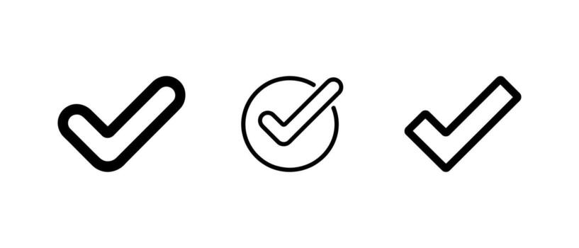 Black outline check mark set, icons, correct answer or complete tasks vector