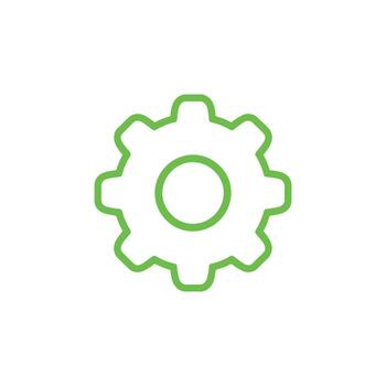 Green gear outline icon on a white background symbolizing settings and configuration vector
