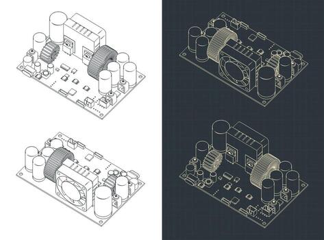 CNC power supply module isometric drawings vector