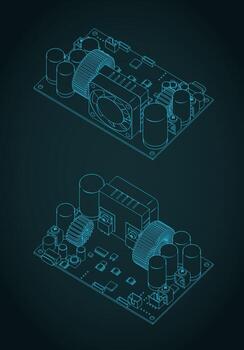 CNC power supply module isometric blueprints vector