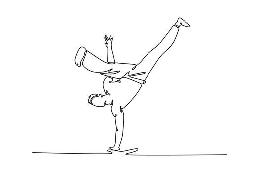 continuo uno línea dibujo hombre atleta en dinámica parada de manos, equilibrio en uno mano con doblado rodillas en fluido capoeira actitud ese enfatiza fortaleza. soltero línea dibujar diseño gráfico ilustración vector