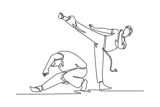 Single continuous line drawing two figures in a Capoeira exchange, with one executing a high kick and the other ducking away in a low, graceful stance. One line draw graphic design illustration vector