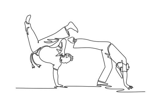 soltero continuo línea dibujo dos personas en complejo capoeira rutina, uno equilibrio en su manos mientras el otro sostiene un bajo, fluido postura. dinámica uno línea dibujar gráfico diseño ilustración vector