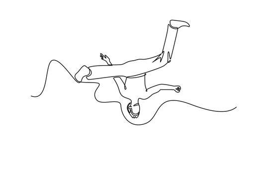 Single one line drawing man executing powerful ground-based Capoeira move, with their body inverted and one leg raised, acrobatic martial arts. Continuous line draw design graphic illustration vector