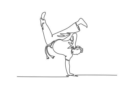 soltero uno línea dibujo hombre demostrando increíble fuerza y equilibrar mientras ejecutando desafiante, con una sola mano parada de manos, moverse de capoeira. continuo línea dibujar diseño gráfico ilustración vector