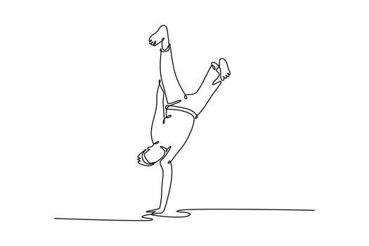 continuo uno línea dibujo atractivo masculino ejecutando con una sola mano parada de manos, núcleo acrobático moverse de capoeira balance, control, y inmenso fortaleza. soltero línea dibujar diseño gráfico ilustración vector