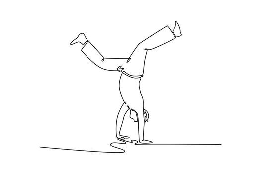 continuo uno línea dibujo hombre ejecutando un clásico capoeira parada de manos con esparcido piernas, núcleo acrobático moverse ese vitrinas equilibrar y fortaleza. soltero línea dibujar diseño gráfico ilustración vector