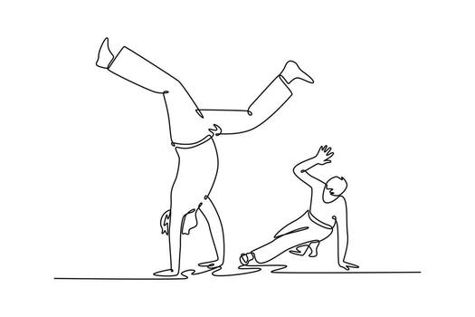 Single continuous line drawing two figures in dynamic Capoeira partnership, with one in an inverted handstand and the other in a low, graceful crouch. One line draw graphic design illustration vector