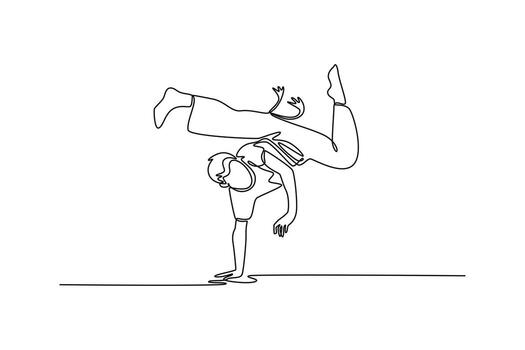 soltero uno línea dibujo atractivo masculino ejecutando en un complejo capoeira pose, equilibrio en uno brazo con ambos piernas suspendido en el aire. moderno continuo línea dibujar diseño gráfico ilustración vector