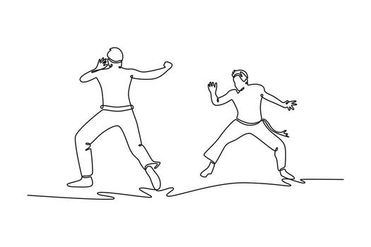 continuo uno línea dibujo dos cifras comprometido en el jinga, el fundacional movimiento de capoeira, exhibiendo su preparación a moverse y interactuar. soltero línea dibujar diseño gráfico ilustración vector