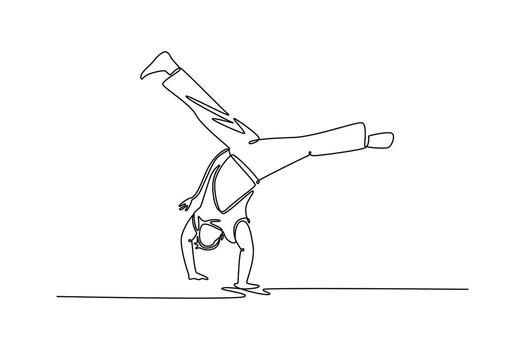 soltero uno línea dibujo activo hombre ejecutando capoeira parada de manos, núcleo elemento de marcial arte, equilibrar y fuerza necesario para acrobático mover. continuo línea dibujar diseño gráfico ilustración vector