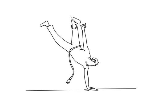 Continuous one line drawing active man performing one-handed Capoeira handstand, dynamic and graceful acrobatic move that requires immense strength. Single line draw design graphic illustration vector