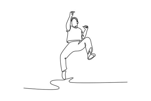 Single one line drawing man mid-jump, executing energetic Capoeira move with one leg raised, conveying sense of celebration and powerful motion. Continuous line draw design graphic illustration vector