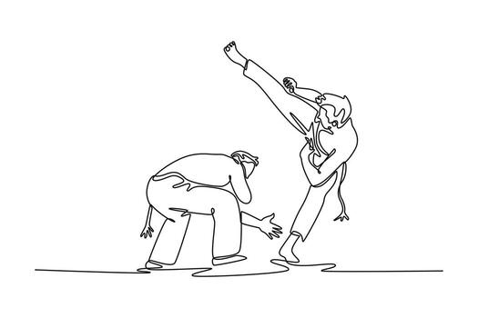 Single continuous line drawing two men engaged in a Capoeira confrontation, with one performing a high kick and the other crouching to evade. Dynamic one line draw graphic design illustration vector