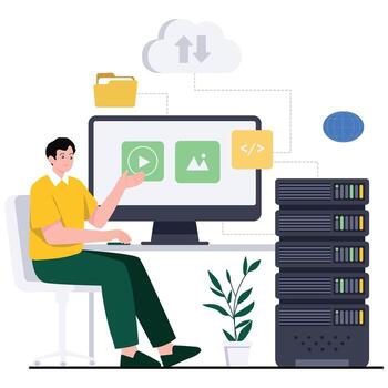 Man working at a computer with servers vector