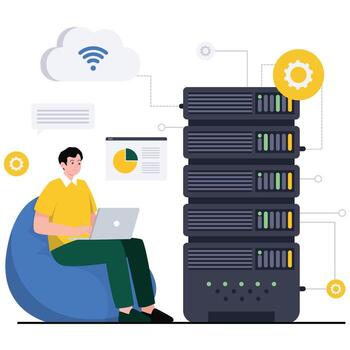 Man using laptop with server racks vector
