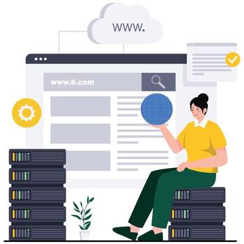 mujer con un globo y navegador ventana terminado pilas de servidores, retratar dominio administración y sitio web hospedaje en el Internet. vector