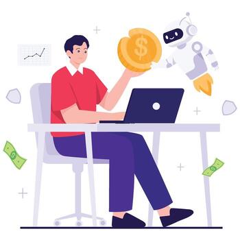 Man with laptop and robot holding coin vector