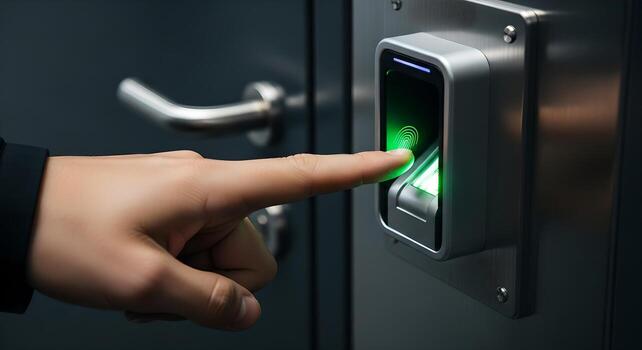 Biometric access control system showcasing fingerprint authentication for secure door entry and photo
