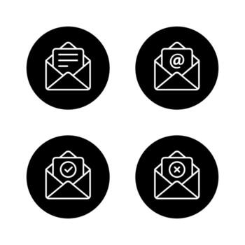 Email envelope icon collection on black circle. Document insert, mail mention symbol, verified, and failed message vector