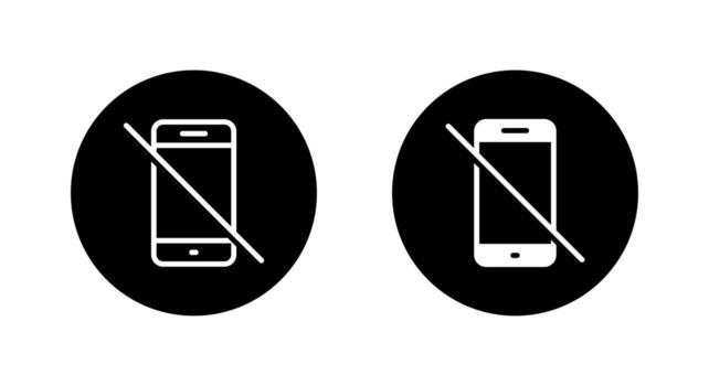 Phone use not allowed icon. No smartphone symbol in black circle. Mobile device prohibited sign for quiet area, meeting room, or exam zone vector