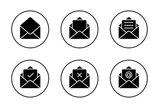 Open email envelope icon set. Message symbol with check, cross, text, and mention sign in circular outline vector