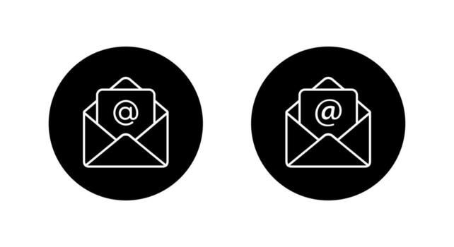 Open email envelope icon in black circle. Message with mention symbol vector