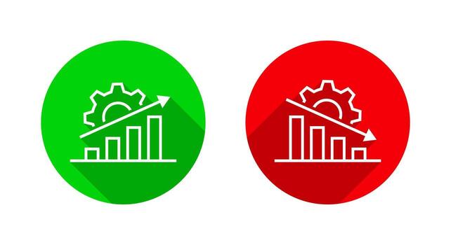 Growth and decline bar chart icon with gear. Business productivity, performance, success, and failure symbol with long shadow vector