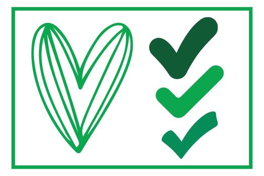 verde corazón símbolo con Tres marcas de verificación para aprobación y éxito vector