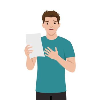 Shocked Man Reading Paper Document. vector