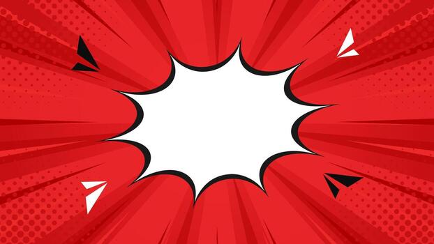Abstract banner with red comic pop art sunburst background, halftone dots, and explosion speech bubble design vector