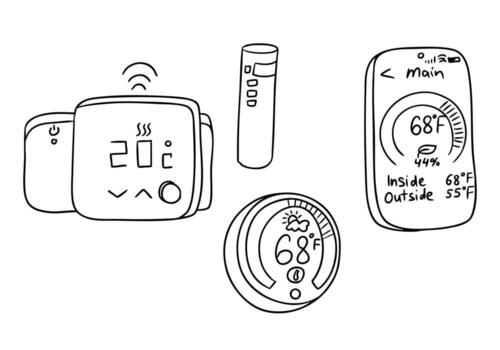 Smart home thermostat interface icons in black and white line art style. Concept of smart technology, climate control and energy efficiency vector