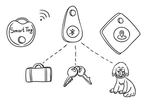 Smart tags and tracking devices connected to keys, bag, and pet in a simple hand drawn style. Concept of item tracking, location monitoring, and smart technology for personal belongings vector