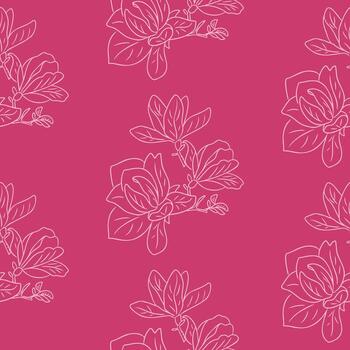 Seamless floral pattern with magnolia flowers in linear hand drawn style on pink background. Concept of botanical elegance, nature-inspired design, and decorative surface pattern vector