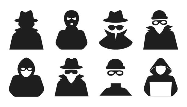 Incognito set anonymous bandit character silhouette icons, hacker or scammer with hidden face, hat, villain. Thief, criminal, robber simple sign. vector