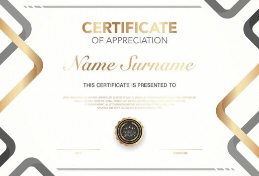 Modern certificate of appreciation template with elegant gold and black design, premium quality badge, customizable name and signature area, perfect for awards achievement or recognition vector