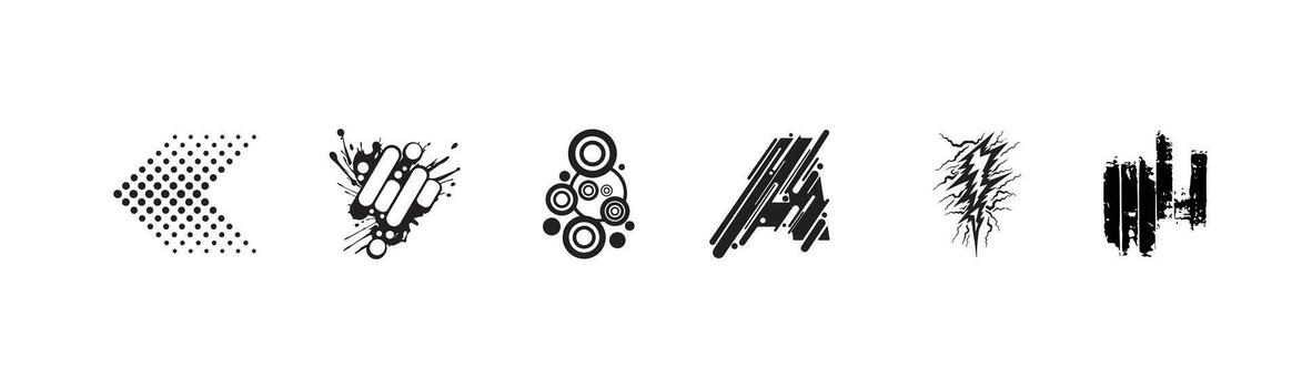 resumen geométrico íconos colección - trama de semitonos flecha, chapoteo con barras, concéntrico círculos, inclinado líneas, relámpago tornillo, y a rayas formas en negro y blanco conjunto para moderno diseño elementos vector